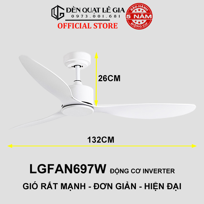 Quạt Trần Chung Cư Gió Mạnh LÊ GIA LGFAN697T - Chiều Cao 26cm - Sải Cánh 132cm - Bảo Hành 5 Năm