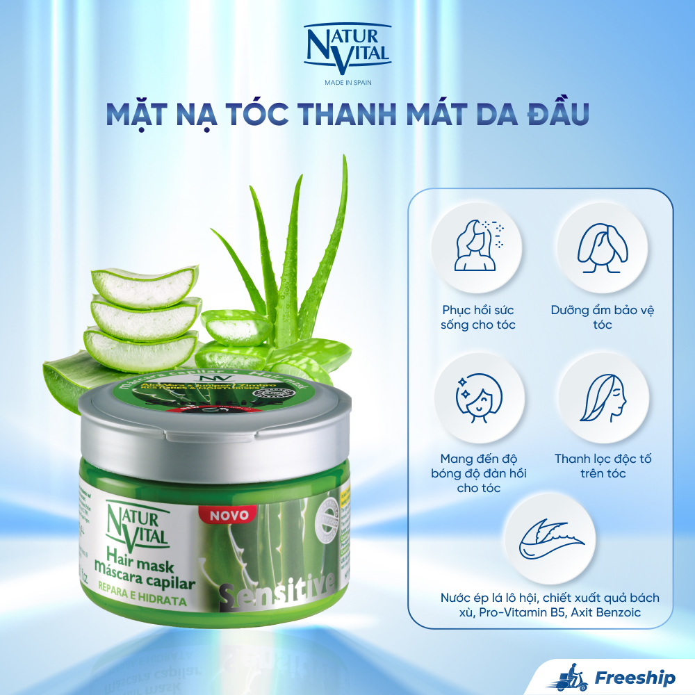 Mặt Nạ Tóc NaturVital Sensitive Hair Chiết Xuất Quả Bách Xù & Nha Đam Giúp Thanh Lọc Da Đầu, Mang Đến Độ Bóng Và Mềm Mượt