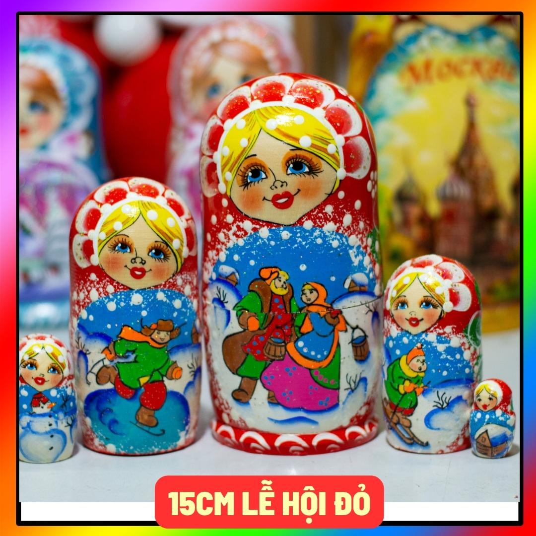 BỘ BÚP BÊ NGA MATRYOSHKA 5 LỚP SIZE 15CM "HOẠT ĐỘNG LỄ HỘI DÂN GIAN" MÀU ĐỎ