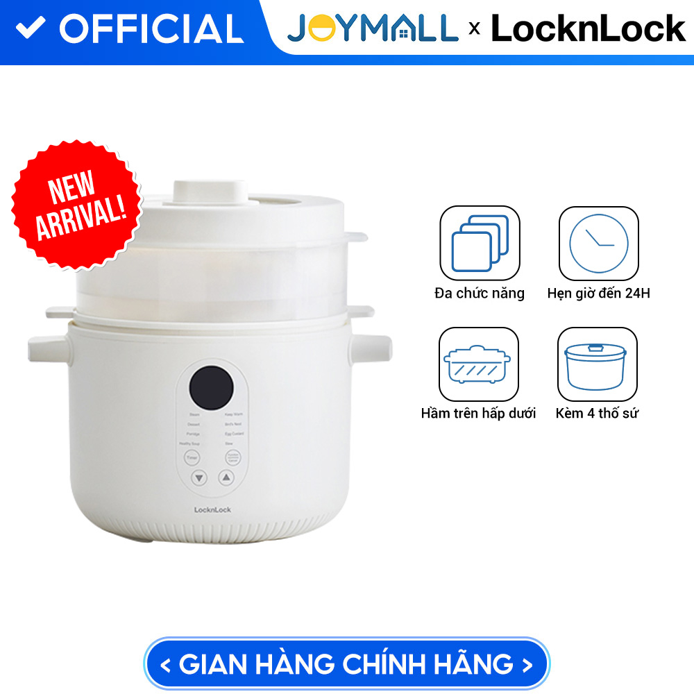 Nồi nấu chậm đa năng 2.5L Locknlock Bianco EJP164IVY, Hàng chính hãng, 4 thố sứ đi kèm, 7 chức năng, giữ ấm - JoyMall