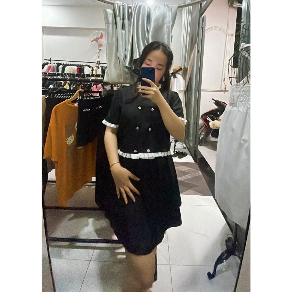 Set áo croptop bèo kèm chân váy xếp ly, Set bộ đồ nữ áo phối viền voan cài nút thật kèm chân váy xòe
