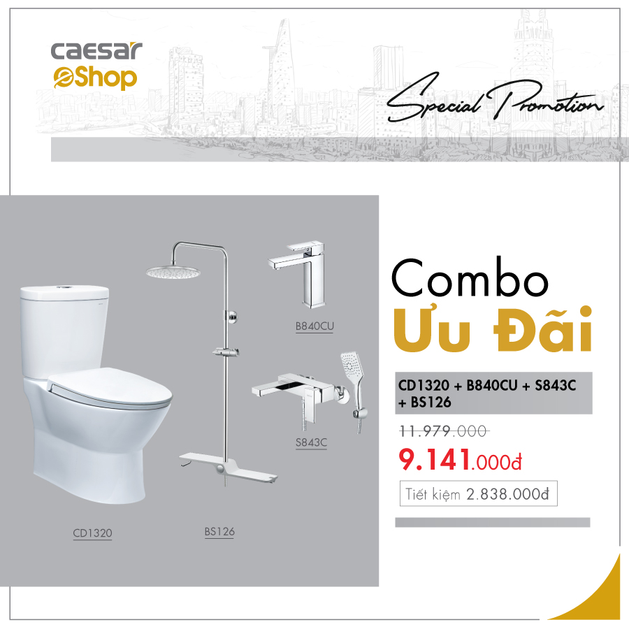 Combo sản phẩm bàn cầu+vòi lavabo+sen tắm+bộ phụ kiện sen tắm đứng - CD1320+B840CU+S843C+BS126