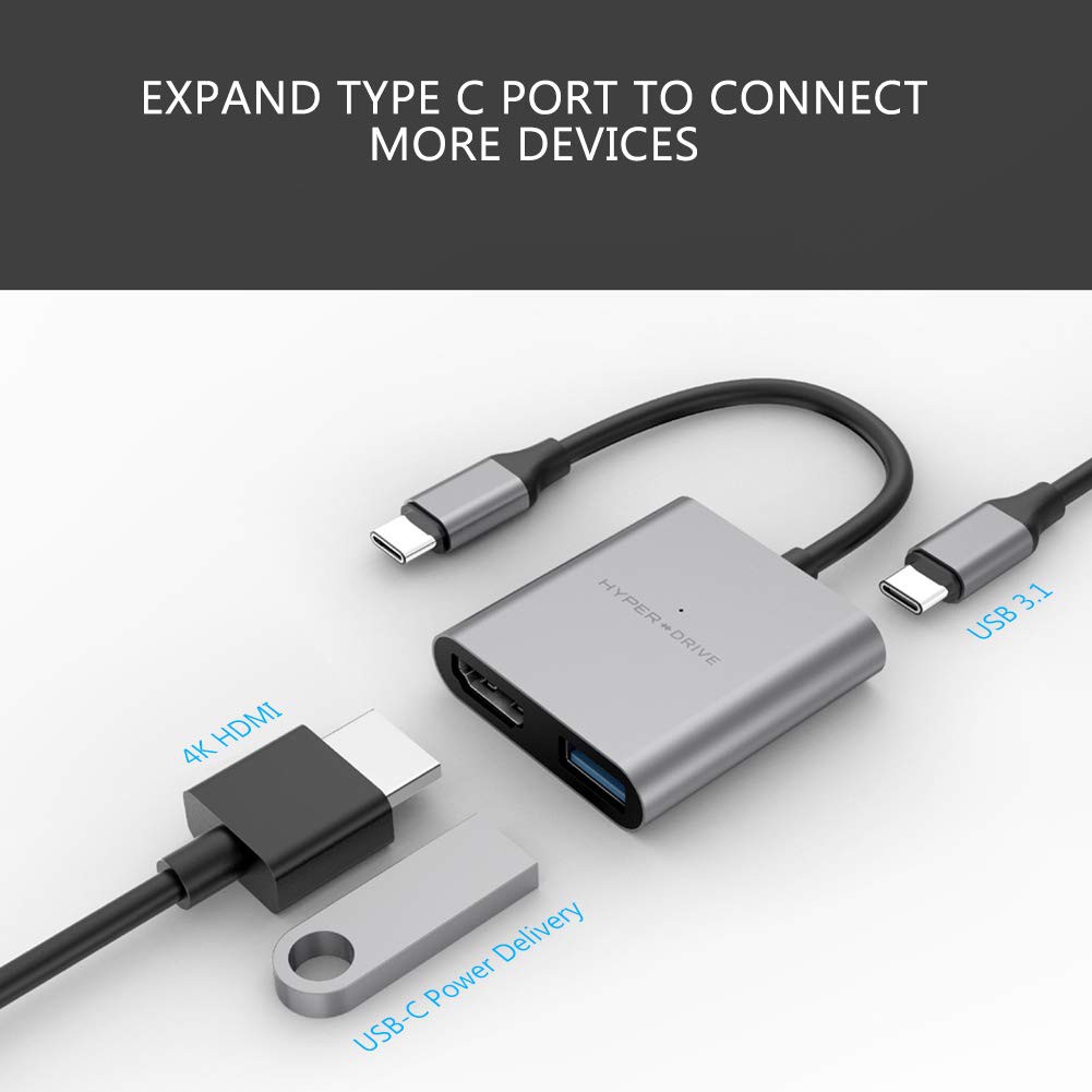 Cổng Chuyển HyperDrive 4K HDMI 3-in-1 USB-C Hub for MacBook, PC & Devices gray - chính hãng