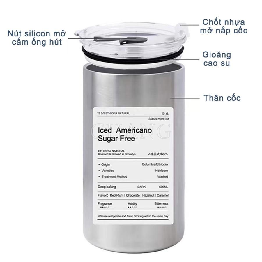 Cốc Giữ Nhiệt Inox 304 Ly Uống Coffee 600ML Giữ Nhiệt 6-8 Tiếng Kèm Ống Hút Tiện Lợi