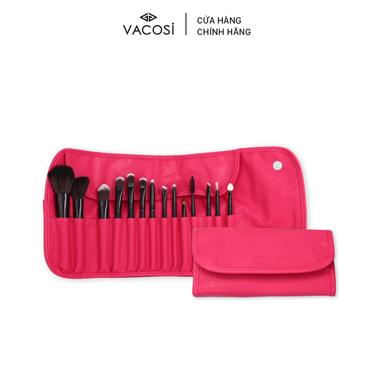 Bộ Cọ Cá Nhân 14 cây &amp; Bóp da Hồng - BC09 VACOSI ESSENTIAL BRUSH SET - 14 PCS