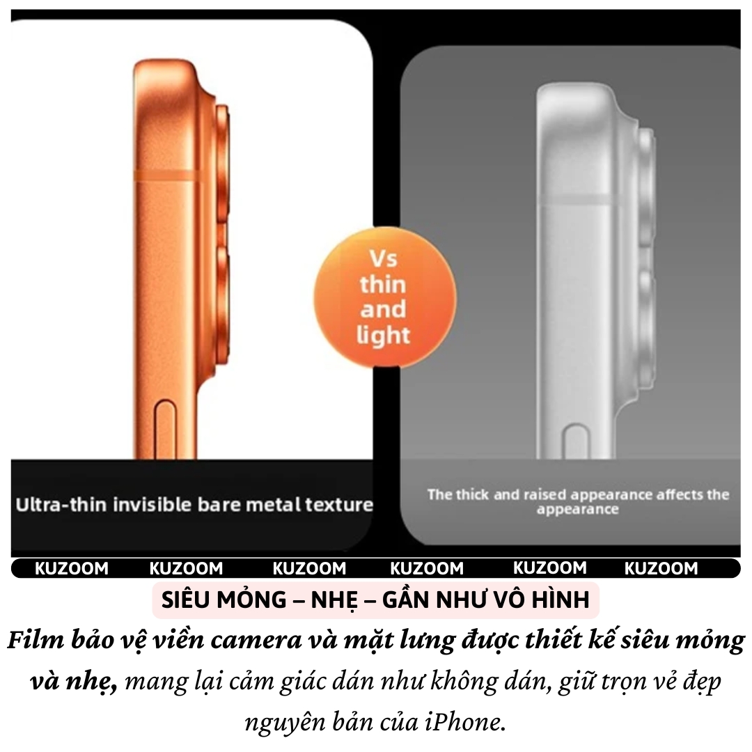 Dán Film InvisibleShield PPF bảo vê viền camera và mặt lưng cho iPhone 17 Pro Max / 17 Pro KUZOOM LENS - Siêu mỏng 0.1mm, chống trầy xước, Phủ nano chống vân taym, chống dầu, ppf cao cấp - Hàng nhập khẩu