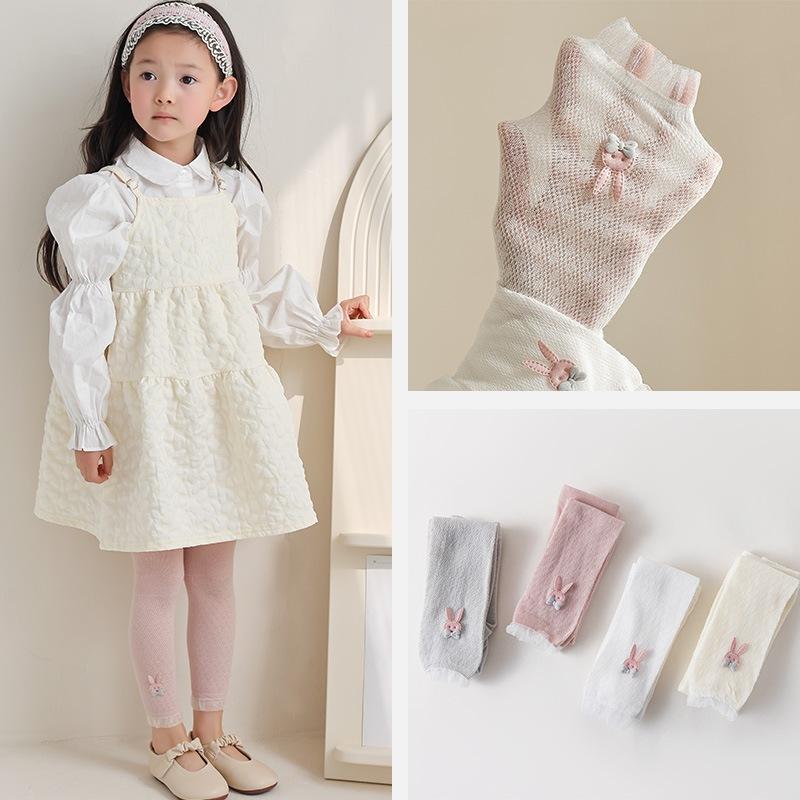 Quần tất không bàn cho bé gái, quần legging lưới mỏng, co giãn 4 chiều đính nhiều họa tiết size từ 1 đến 10 tuổi - Trắng - nơ