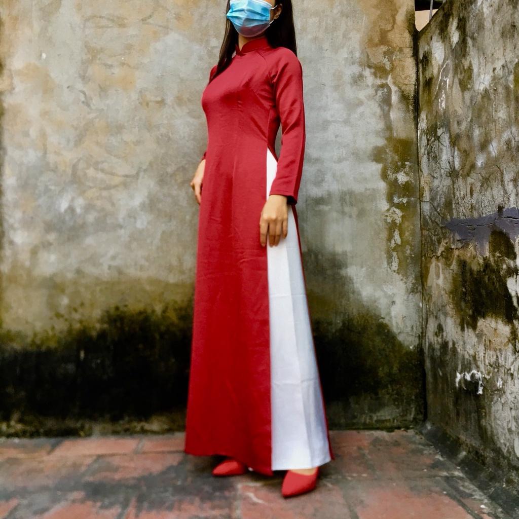 Áo dài may sẵn lụa tây thi, áo dài trơn lụa màu đỏ đậm
