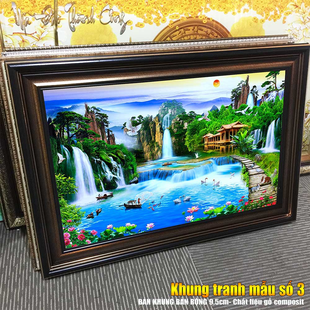 Tranh treo tường phòng khách, phòng ngủ SƠN THỦY HỮU TÌNH khung gỗ composit chất liệu pvc gương / lụa kim sa. MS:2232L9