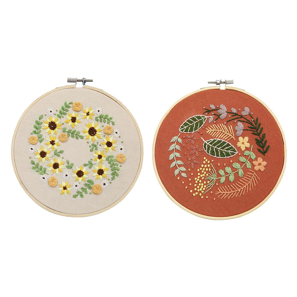 Embroidery Hoop Kids Adult Cross Stitch Threads Kits Flower Leaves, 2 Styles