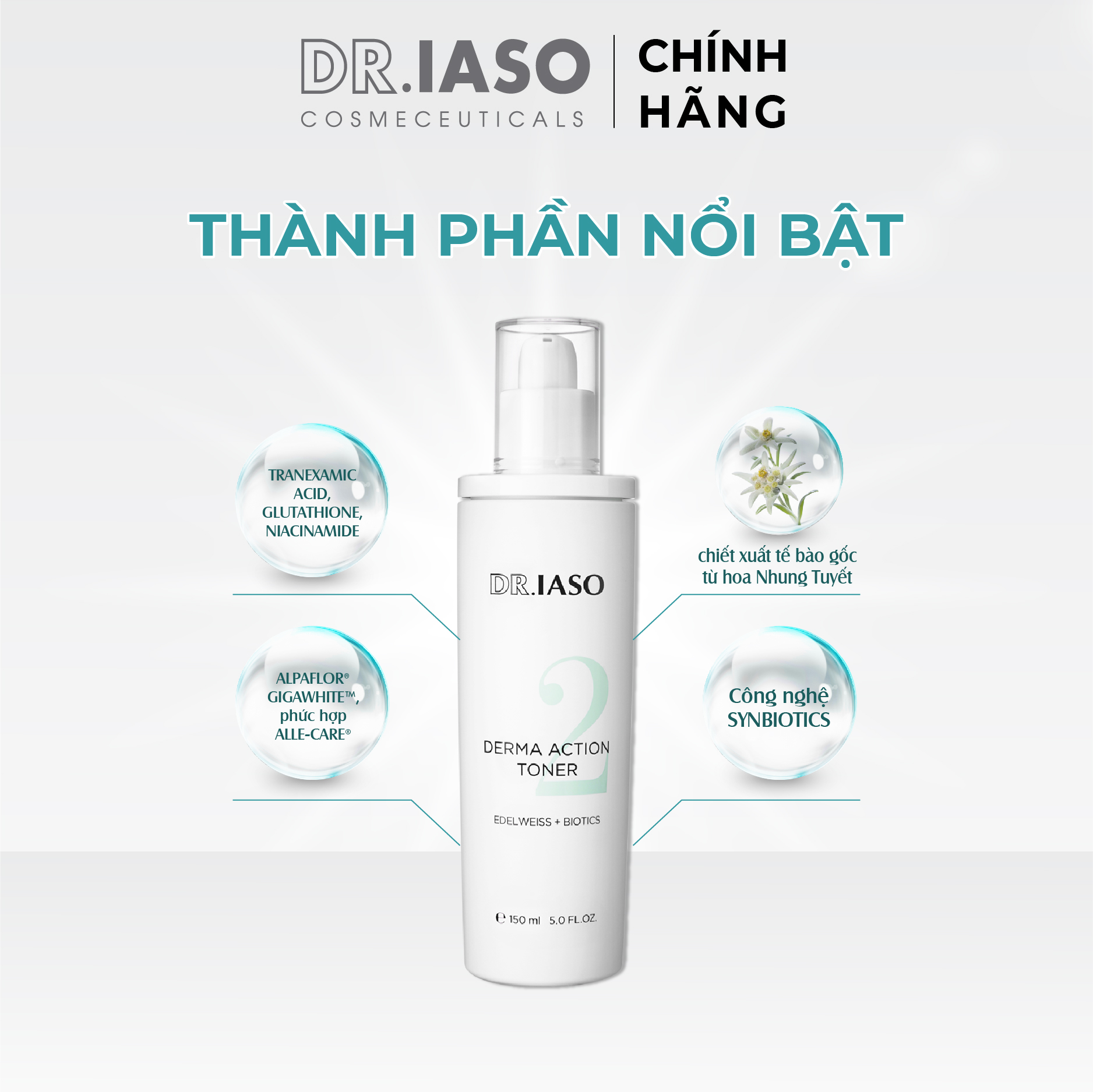 D45 Nước hoa hồng giúp làm trắng da, giảm nám Dr IASO Derma Action Toner 150ml