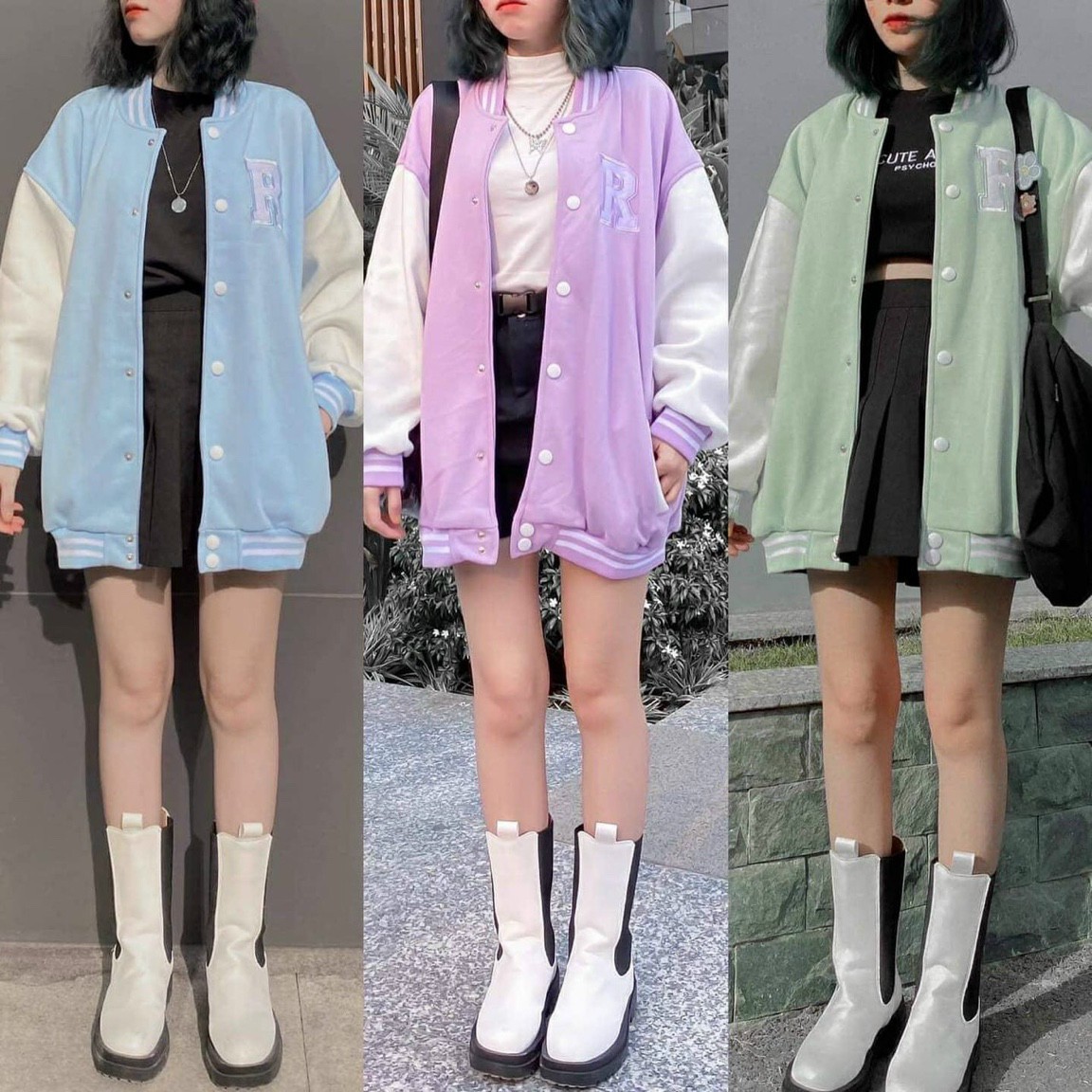 Áo khoác cardigan xanh chữ R phối tay trắng unisex, Áo Khoác Bomber Jemcloset Tay Dài Form Rộng Ulzzang, Áo khoác cardigan nữ , áo khoác cardigan nam , áo khác cặp đôi vải nỉ ngoại chống nắng chống lạnh tốt