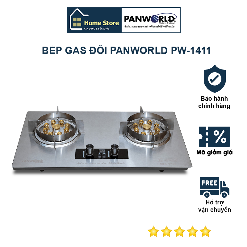 Bếp gas đôi Panworld PW-1411 lắp đặt âm hoặc dương với 9 đầu đốt kèm tính năng hẹn giờ - Hàng chính hãng