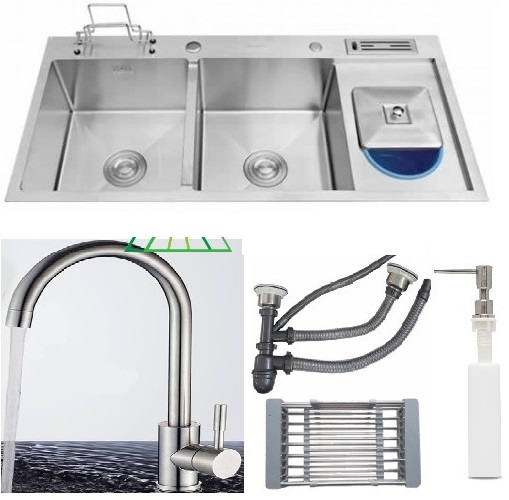 Combo Chậu Rửa  Chén Đúc Inox  304 Kích Thước 1000x480 ,Vòi Rửa Chén,Rổ Đa Năng, Bình Xà Phòng