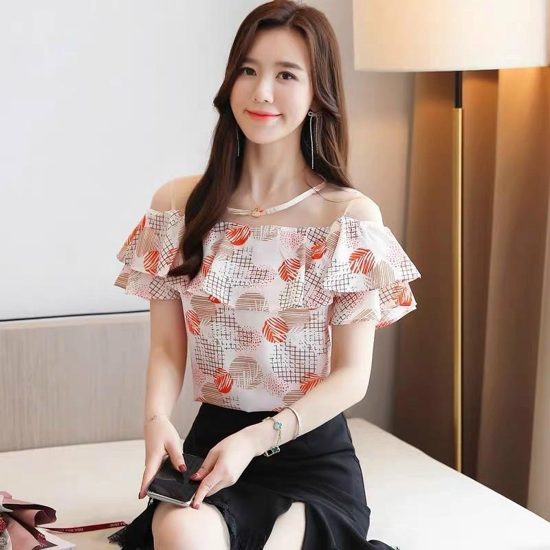 Áo sơ mi cổ tròn phối lưới và bèo