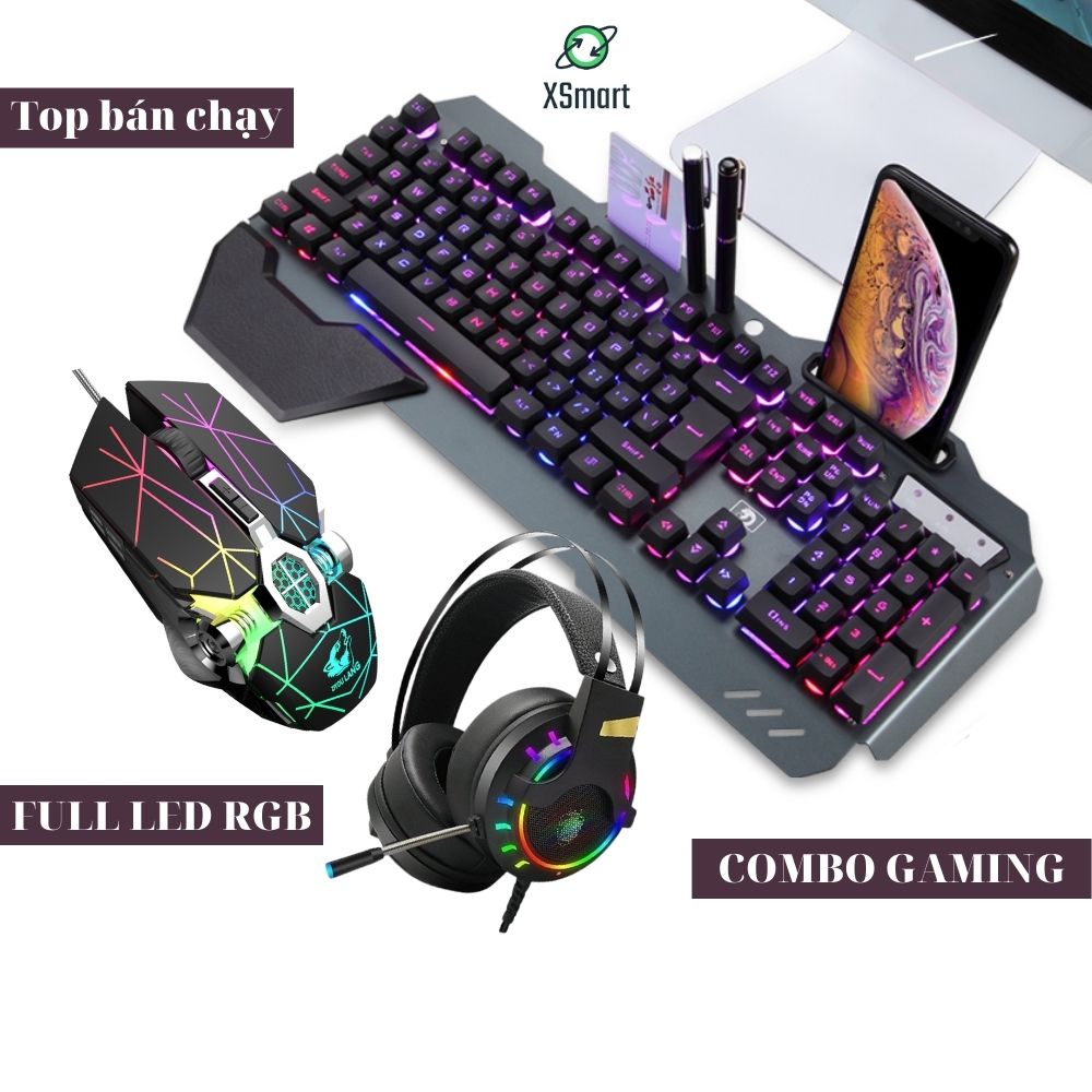 Bộ bàn phím chuột XSmart kèm tai nghe gaming chụp tai, combo chơi game cho máy tính laptop pc K618+V8 tia sét+K3 - Hàng Chính Hãng