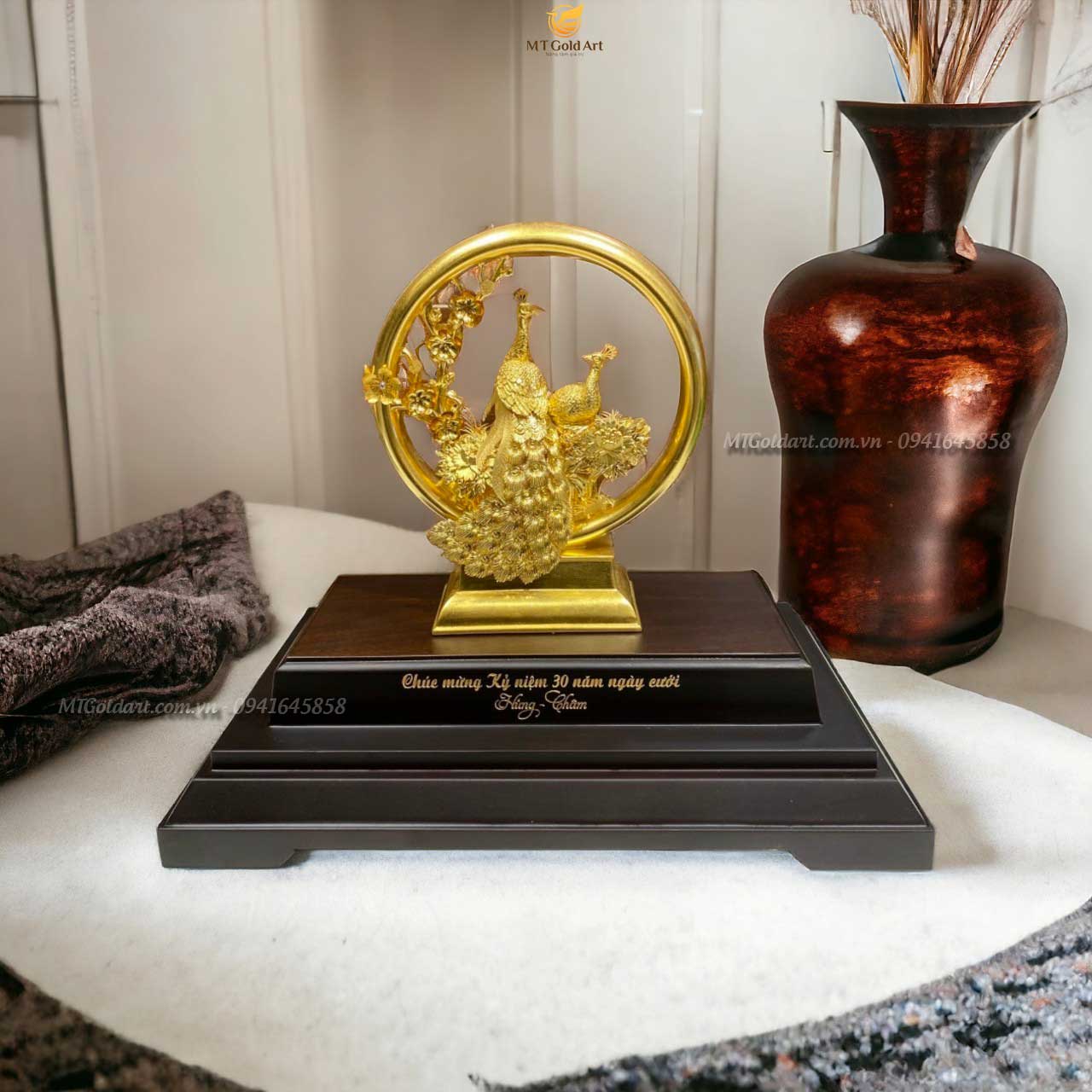 Tượng Đôi Chim Công Dát Vàng 24K (M01) MT Gold Art- Hàng chính hãng, trang trí nhà cửa, quà tặng dành cho sếp, đối tác, khách hàng