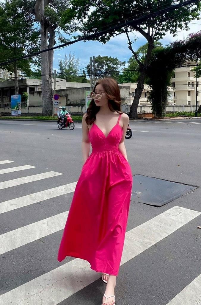 ĐẦM MAXI 2 DÂY NHÚN EO 12004