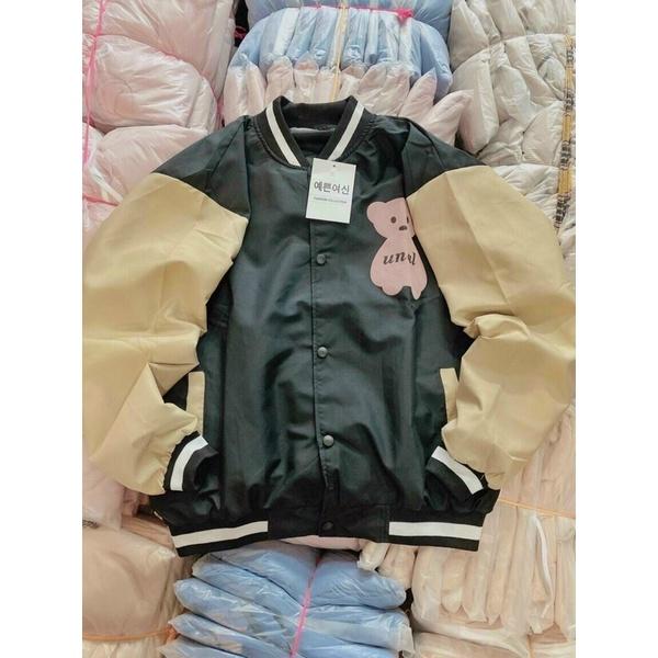 Áo khoác bomber bóng chày dù mero 2 lớp in gấu phối tay unisex ulzzang nam nữ