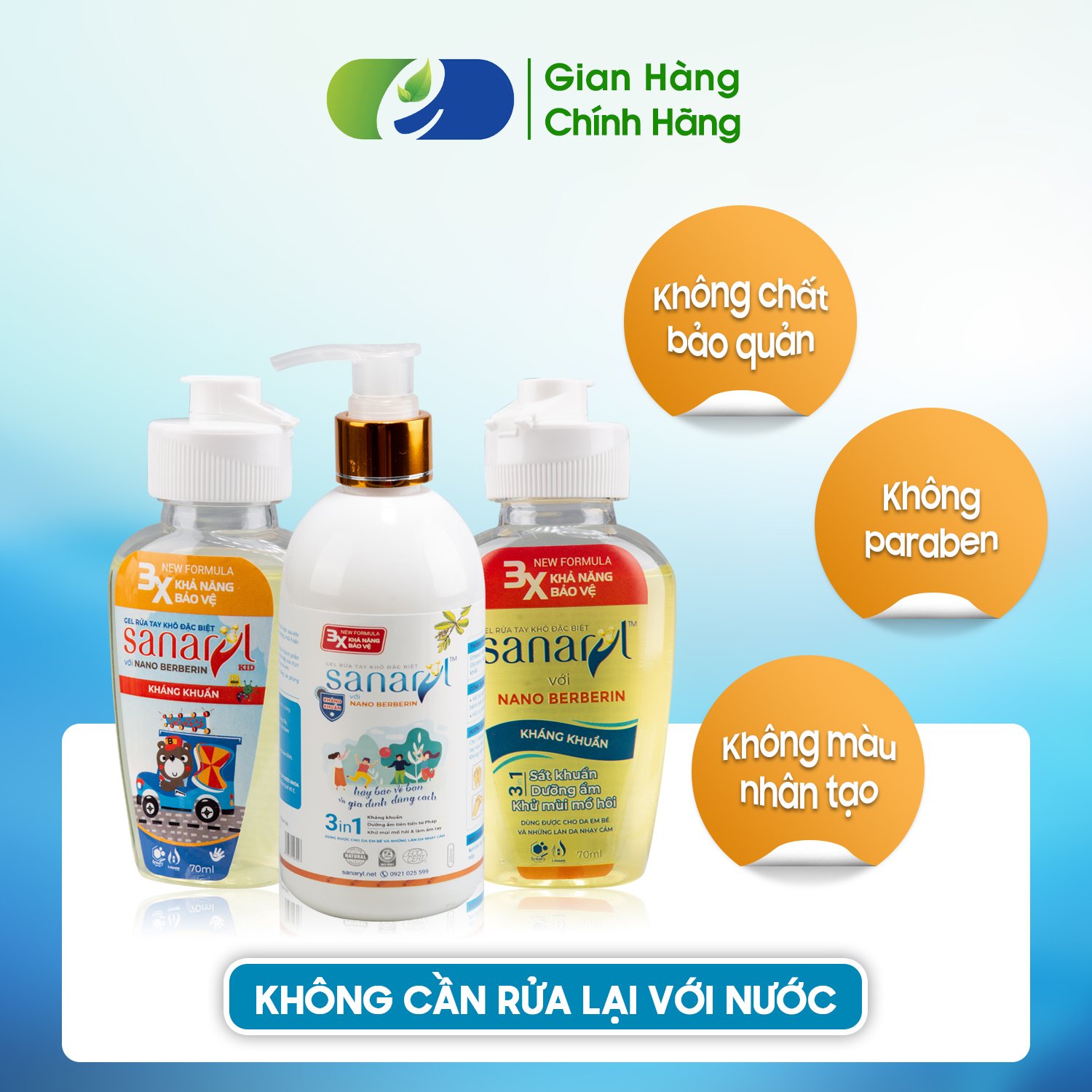 GEL RỬA TAY KHÔ SANARYL 70ML TÁC ĐỘNG 3 TRONG 1 SẠCH KHUẨN ĐẾN 99,9%