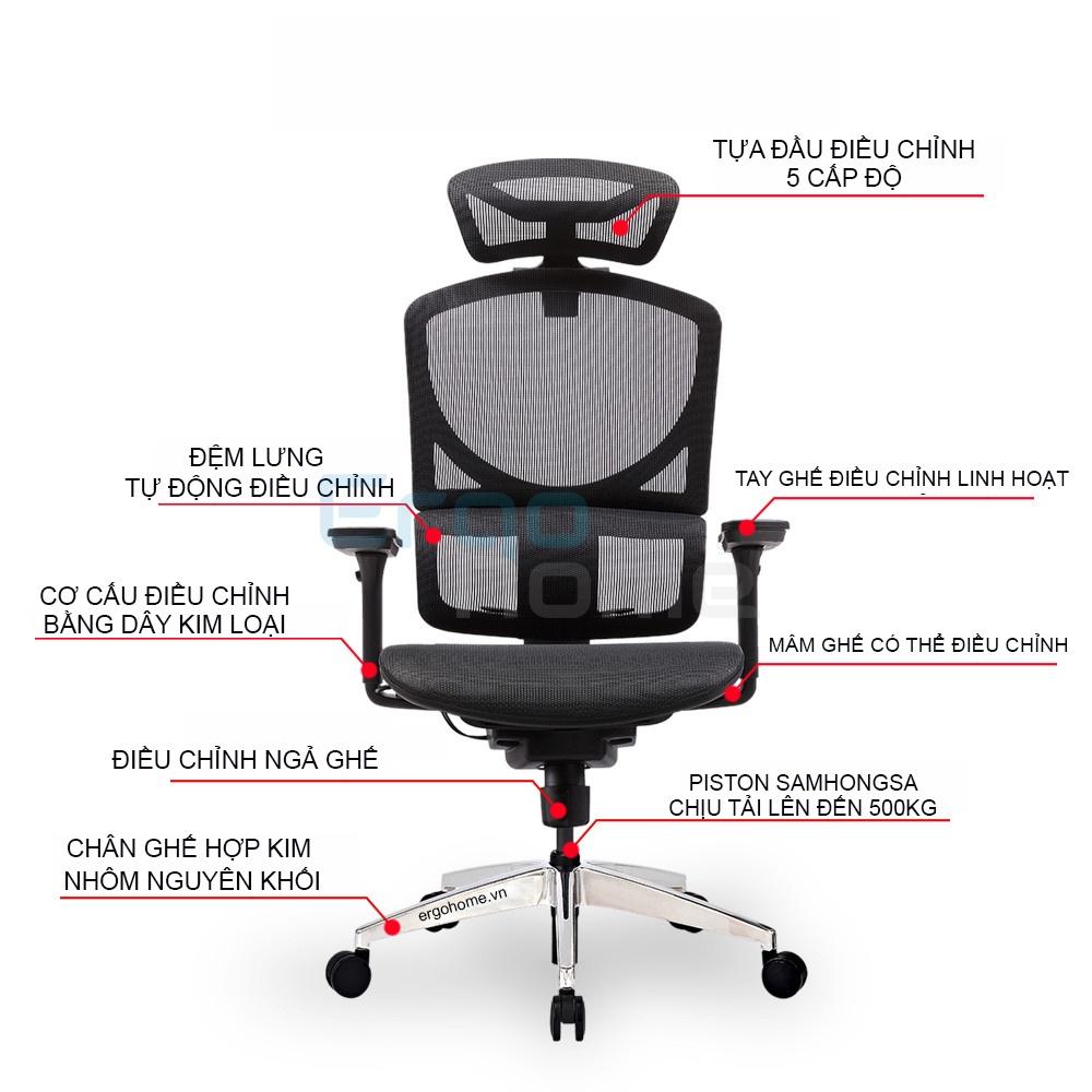 Ghế làm việc GTChair Isee Mini xoay văn phòng công thái học Ergonomic chất liệu lưới CHỊU LỰC bảo vệ cột sống, ngả sâu 125 độ, tựa đầu 3D, lưng ghế nâng hậ tiện lợi - ERGOHOME