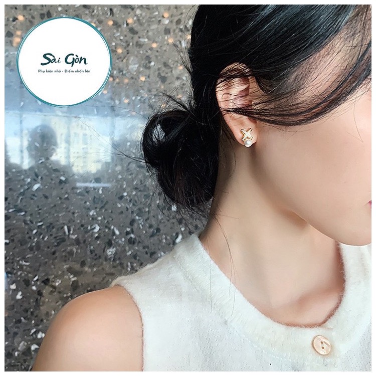 Bông tai chữ X đính đá ngọc trai SAIGON ACCESSORY