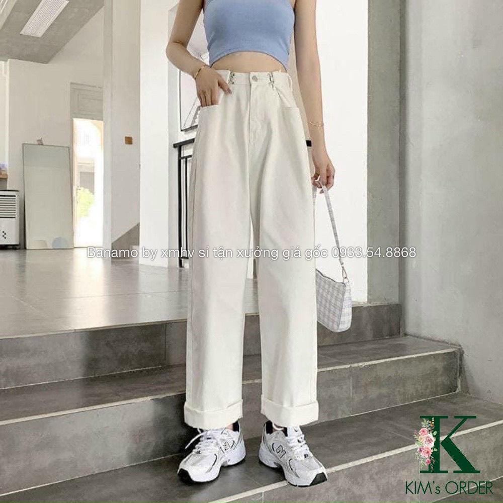 Quần jean nữ ống rộng gài eo cạp cao phong cách Hàn Quốc thời trang Banamo Fashion quần jean nữ cài eo 969