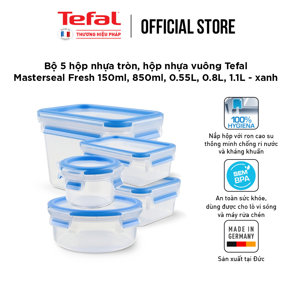 Bộ 5 hộp bảo quản thực phẩm nhựa BBA free, Tefal Masterseal Fresh, sản xuất tại Đức (150ml, 850ml,550ml, 800ml, 1100ml) - Hàng chính hãng