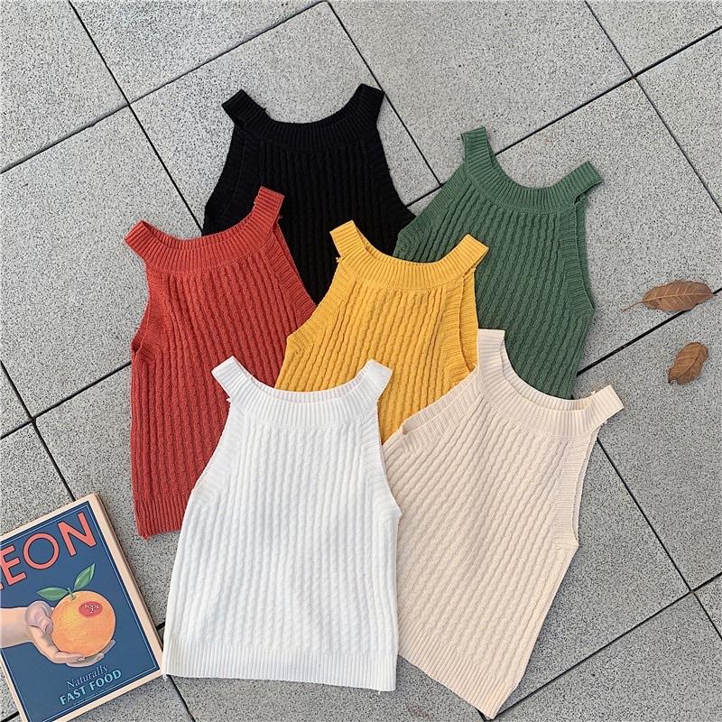 Áo len sát nách cổ yếm Áo croptop ôm body không tay hở vai, Phong cách trẻ trung năng động, Thời trang thu xinh