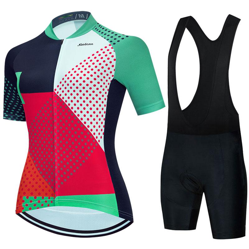 2023 Salexo Nữ Đi Xe Đạp Áo Bộ Ngắn Tay Mùa Hè Maillot 19D Yếm Quần Short Xe Đạp Quần Áo Thể Thao MTB Đi Xe Đạp Quần Áo Color: Short sleeve suit 8 Size: S