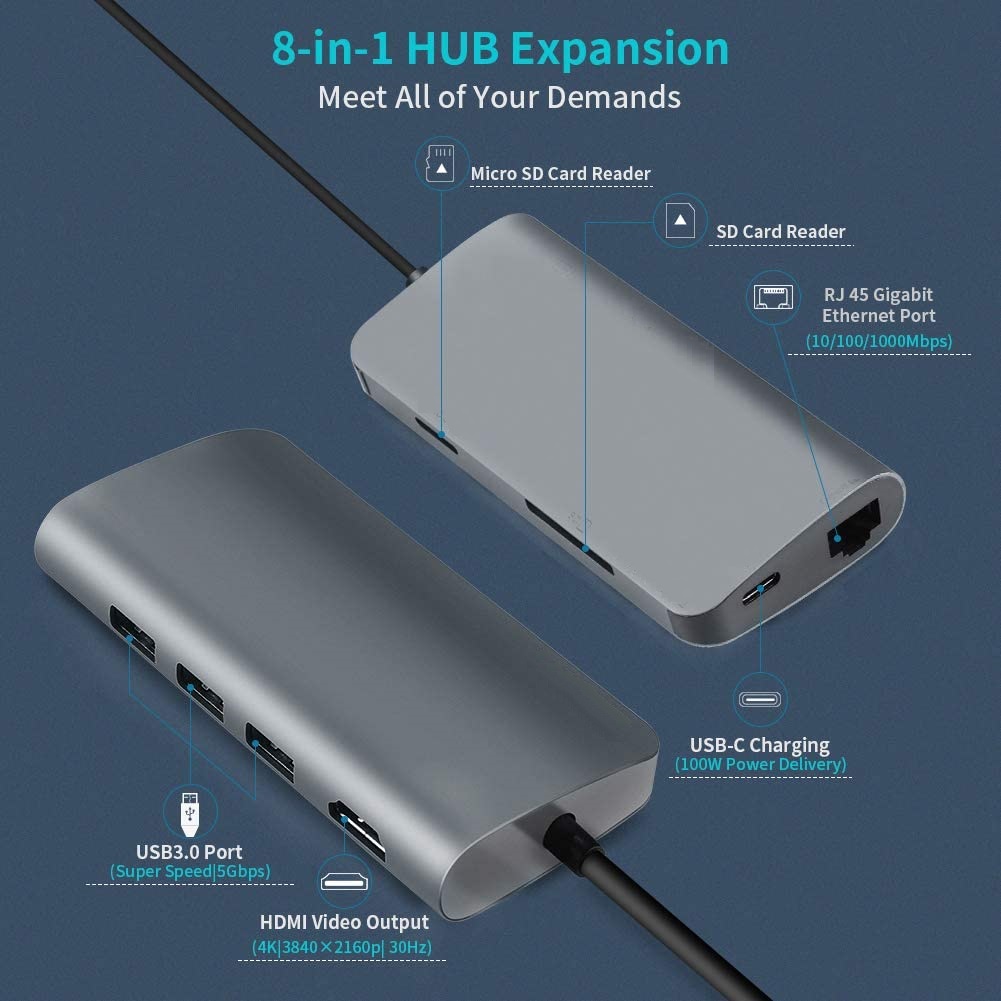 Bộ chuyển 8 in 1 USB C sang cổng HDMI / đầu đọc thẻ SD-TF / 3x USB 3.0 / đầu mạng RJ45 / Type C nguồn - Màu ngẫu nhiên