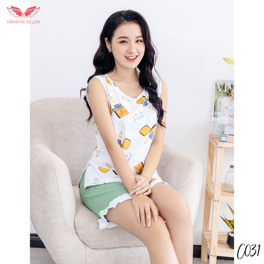 Đồ Bộ Nữ Pijama Mặc Nhà VINGO Chất Cotton Thoáng Mát Áo Ba Lỗ Sát Nách Quần Cộc Viền Bèo C031 VNGO