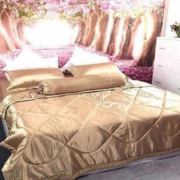 Bộ Chăn Trần Bông Ga Gối Phi Lụa 5 Món Cao Cấp Lan Bedding Màu Vàng Đồng
