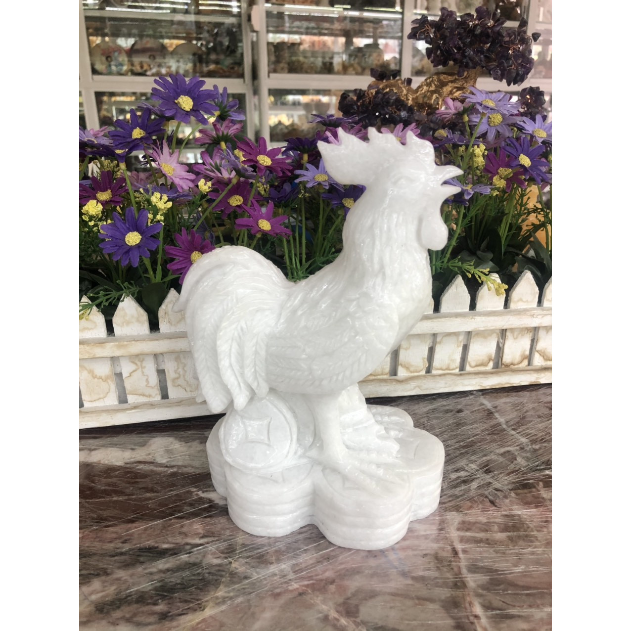 Tượng con gà trống phong thủy đá cẩm thạch trắng trang trí bàn làm việc - Cao 20 cm