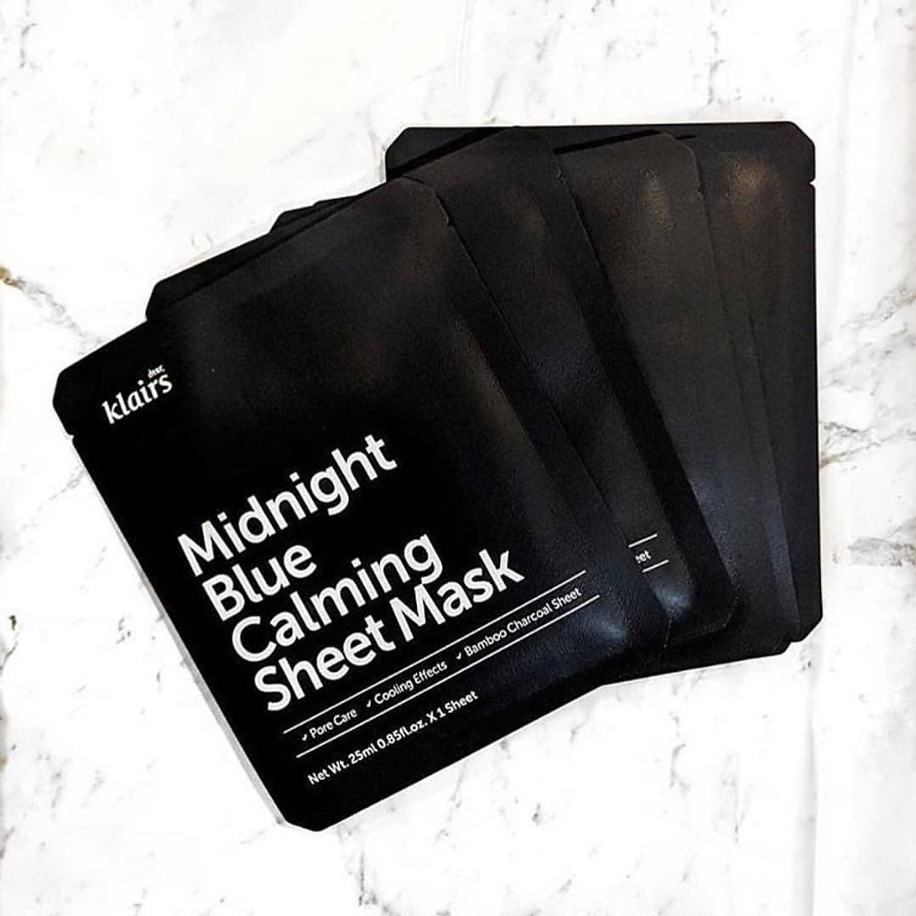 Mask Klairs Midnight Blue Calming Sheet Mặt nạ dịu da, giảm nhờn và giảm mụn đầu đen 25ml