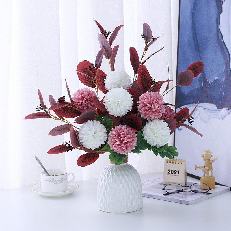 Hoa lụa, lọ hoa cúc pingpong để bàn trang trí kệ tủ phong cách mới
