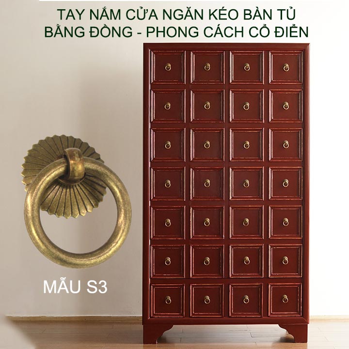 01 Tay nắm ngăn kéo bàn, cánh tủ phong cách cổ điển Vintage, bằng đồng đặc, mẫu S3