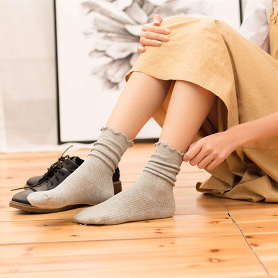 Set 5 Đôi Tất Nữ Cao Cổ Bèo Gân Tăm Phong Cách Thời Trang Trẻ Trung TN19