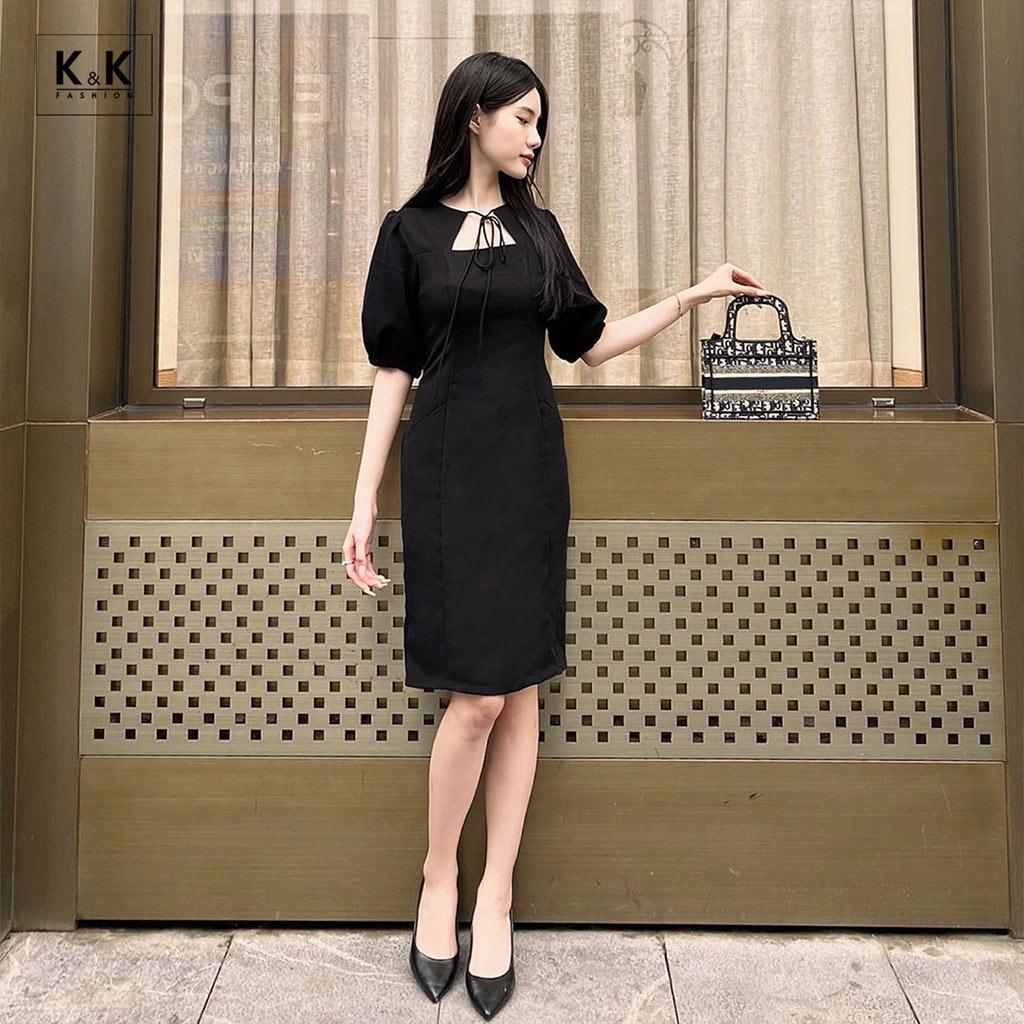 Đầm Đen Công Sở Cổ Cut Out Tay Lửng K&amp;K Fashion KK119-30 Chất Liệu Tuyết Mưa