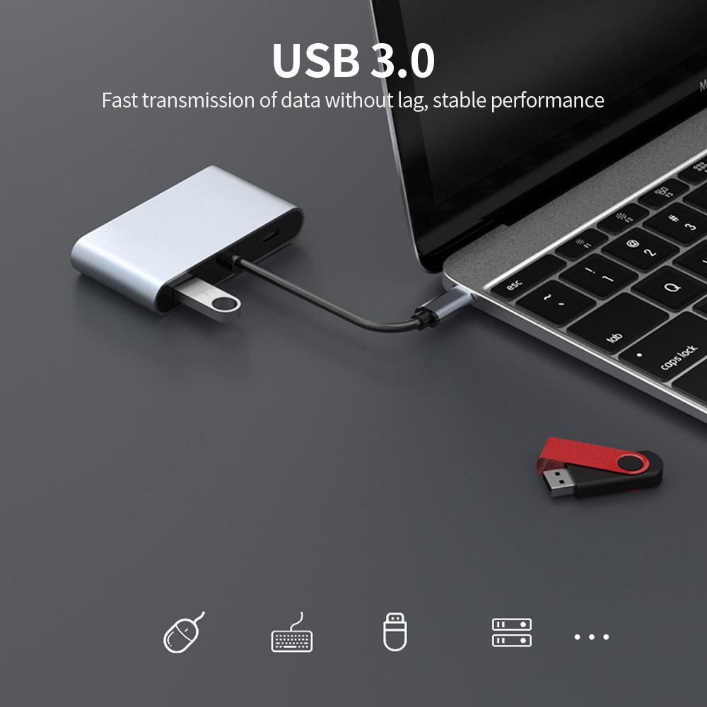 5 in 1 USB-C HUB Multi-function Adapter HDTV + VGA + DP + USB + PD Support Multi-screen Display Grey