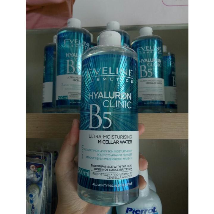 Nước tẩy trang Eveline Hyaluron Clinic B5 dưỡng ẩm 3 trong 1 - chai 500ML