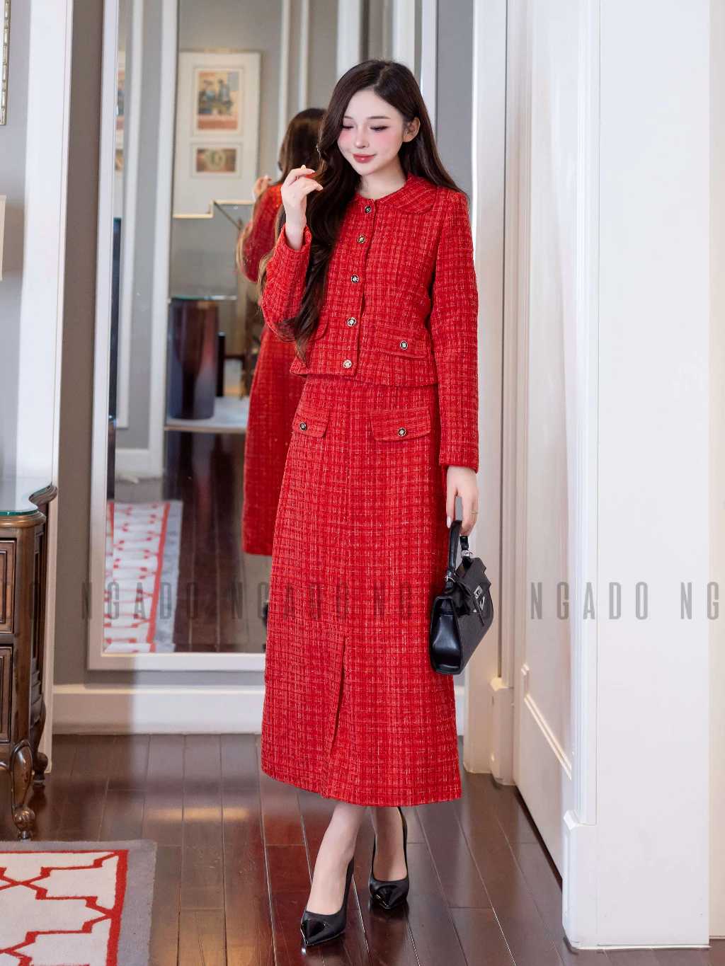 Set áo váy tweed đỏ NGADO , set áo kèm chân váy dáng dài