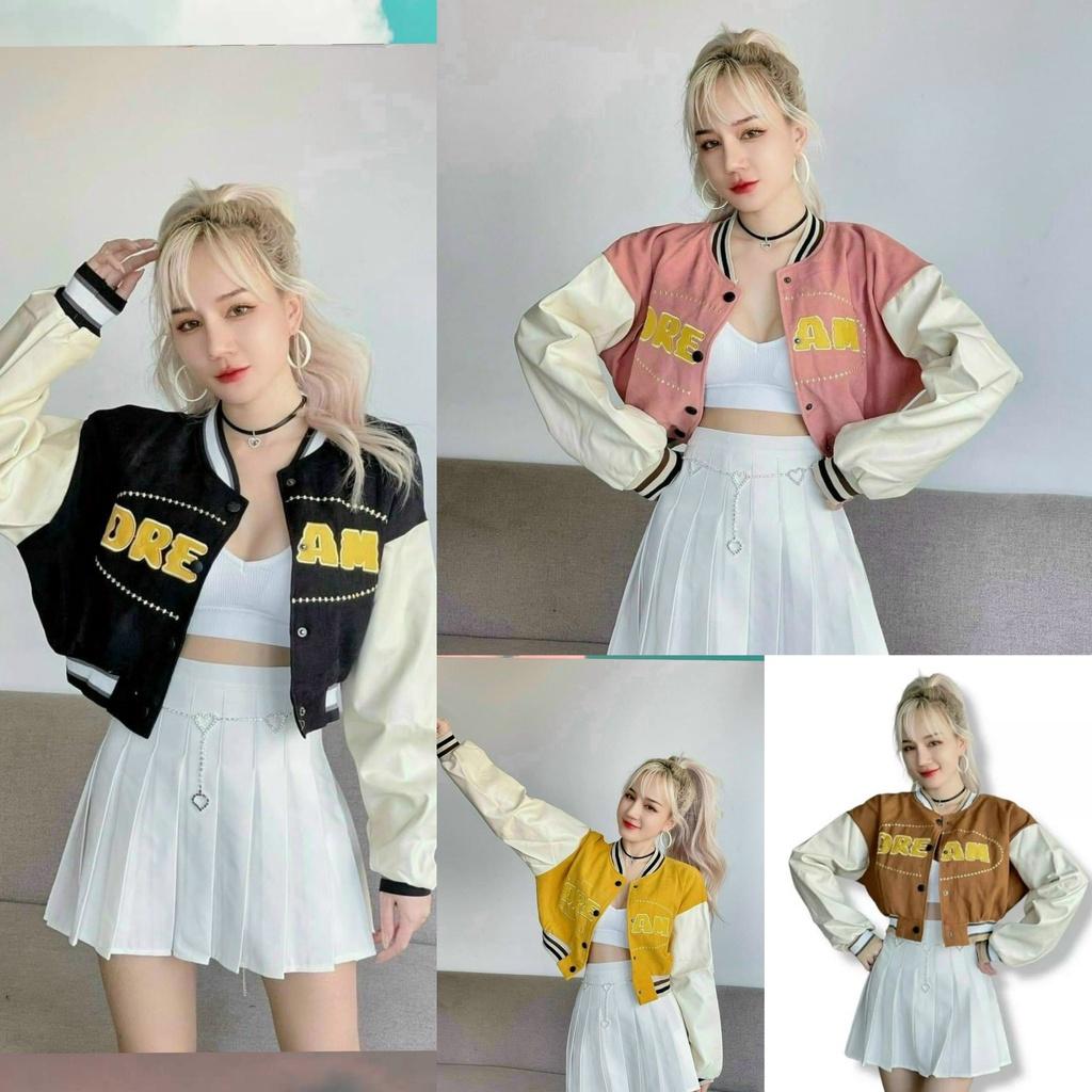 Áo khoác nữ chất da lộn 2 lớp cao cấp kiểu dáng bomber croptop LOGO thêu chữ nổi DREAM