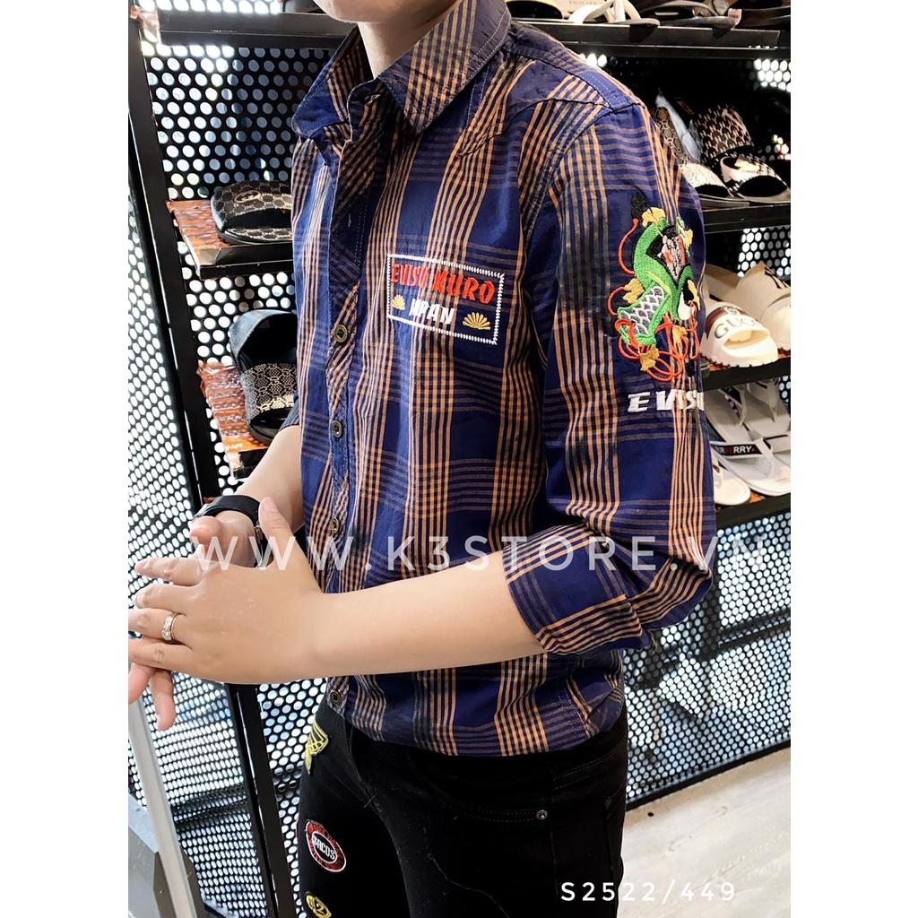 Sơ mi nam tay dài sọc nâu xanh thêu evisu kuro japan hàng thiết kế K3 STORE