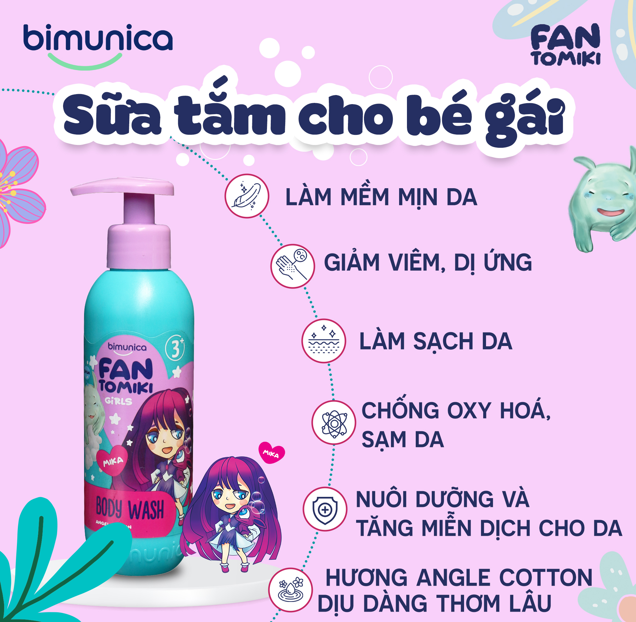 Sữa Tắm BIMUNICA Fantomiki Cho Bé Gái từ 3 Tuổi - 250ml Không Cay Mắt, Làm Sạch, Làm Mềm