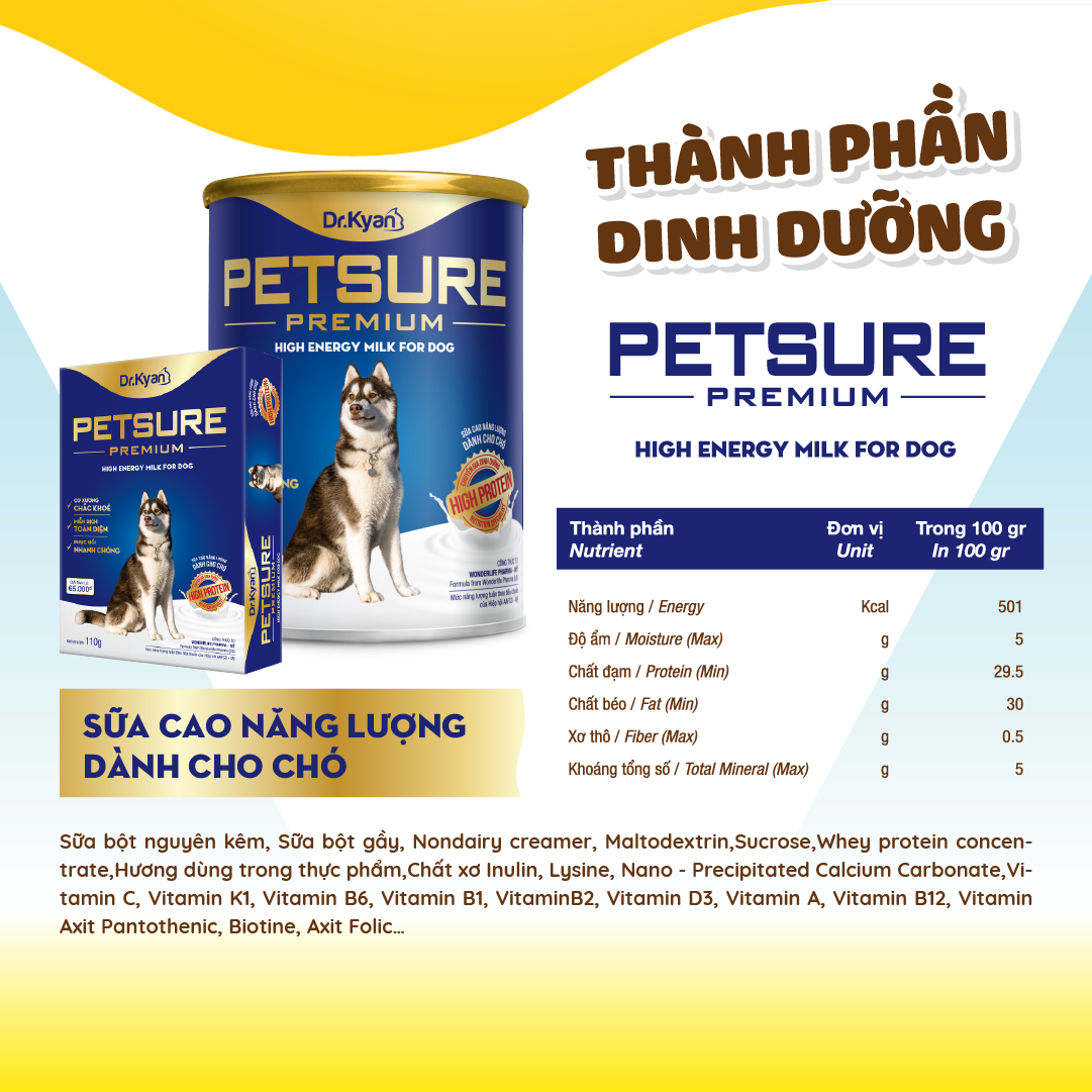 Dr.Kyan - Sữa bột PETSURE - Cao năng lượng cho chó hộp 110g