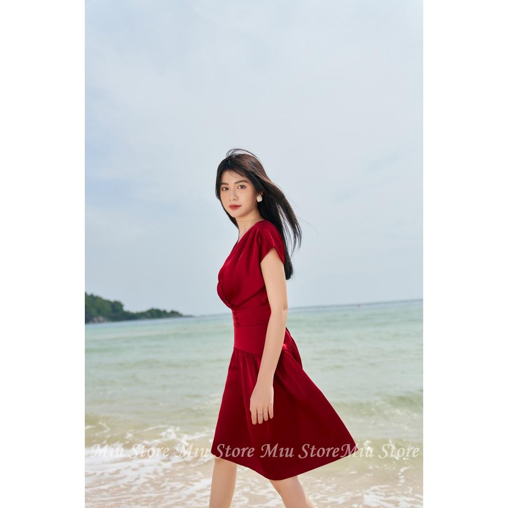 D00574 - Đầm thiết kế cao cấp lụa đỏ tay chờm Miu Store