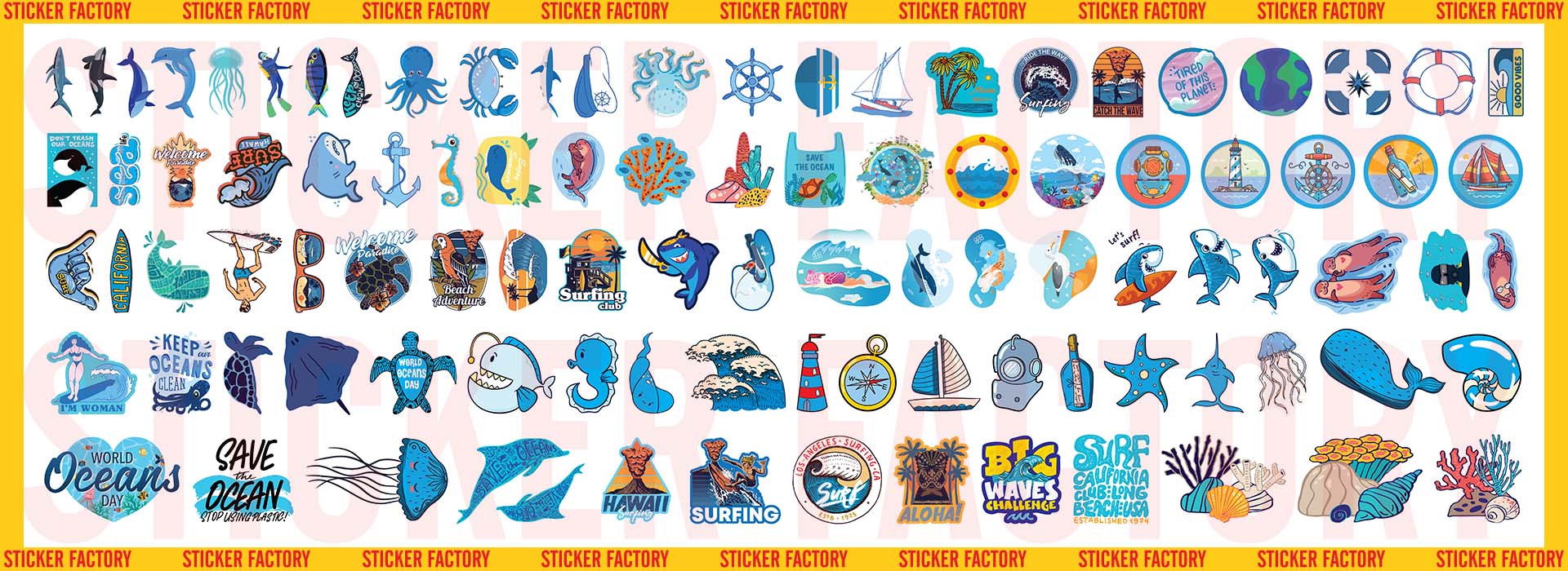 Ocean - Set 100 sticker decal hình dán nón bảo hiểm, laptop, xe máy, ô tô - STICKER FACTORY