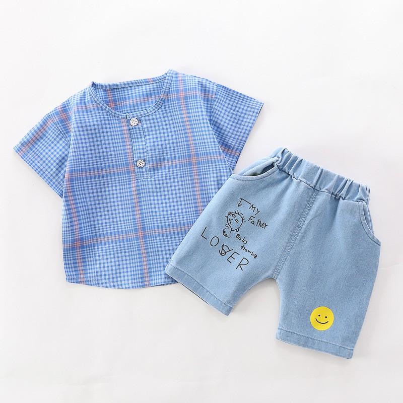Set áo kẻ in hình sư tử con + quần đùi jean mặt cười hàng cho bé