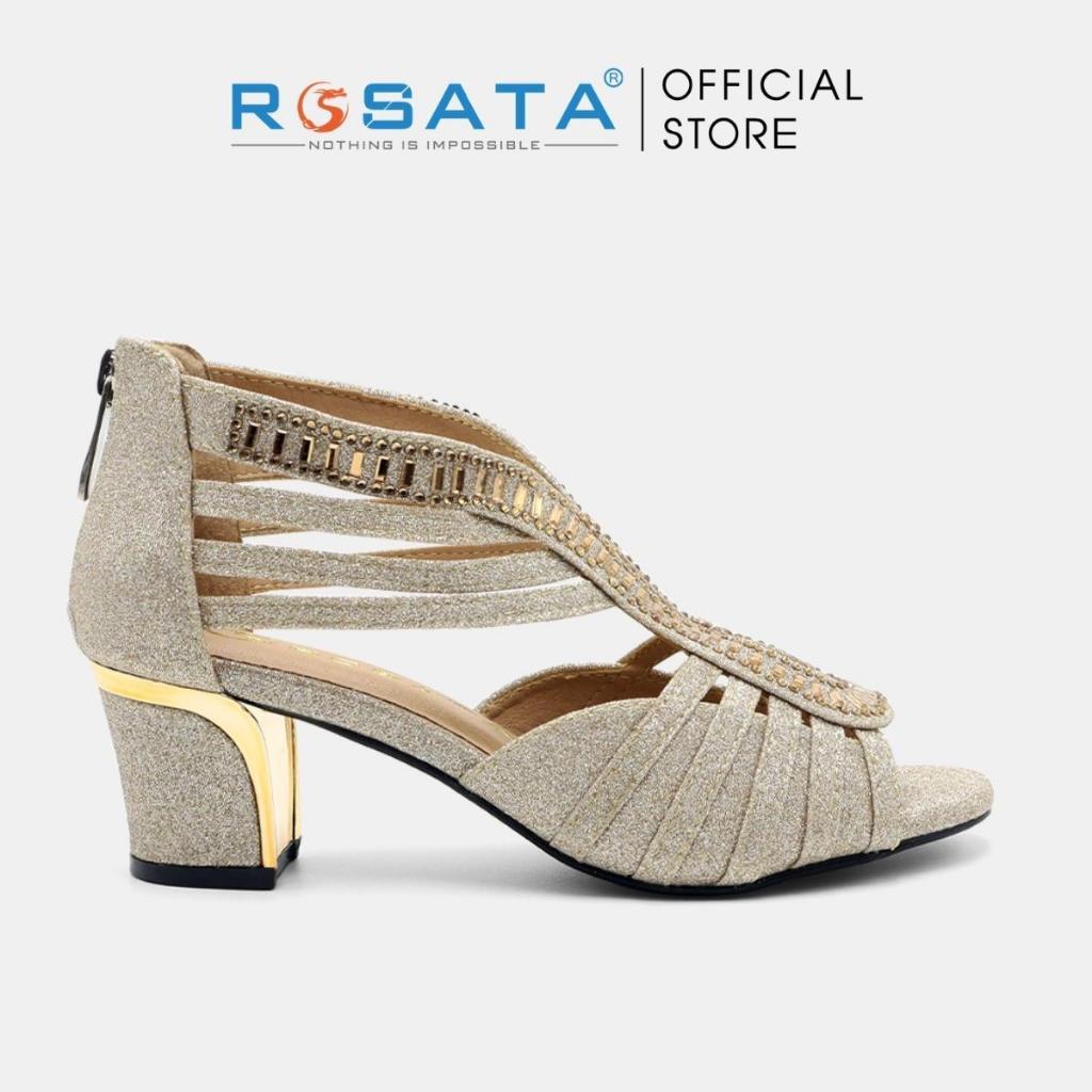 Giày sandal cao gót nữ ROSATA RO172 mũi tròn xỏ ngón phối dây kim tuyến quai kéo gót vuông cao 5cm xuất xứ Việt Nam - Gold